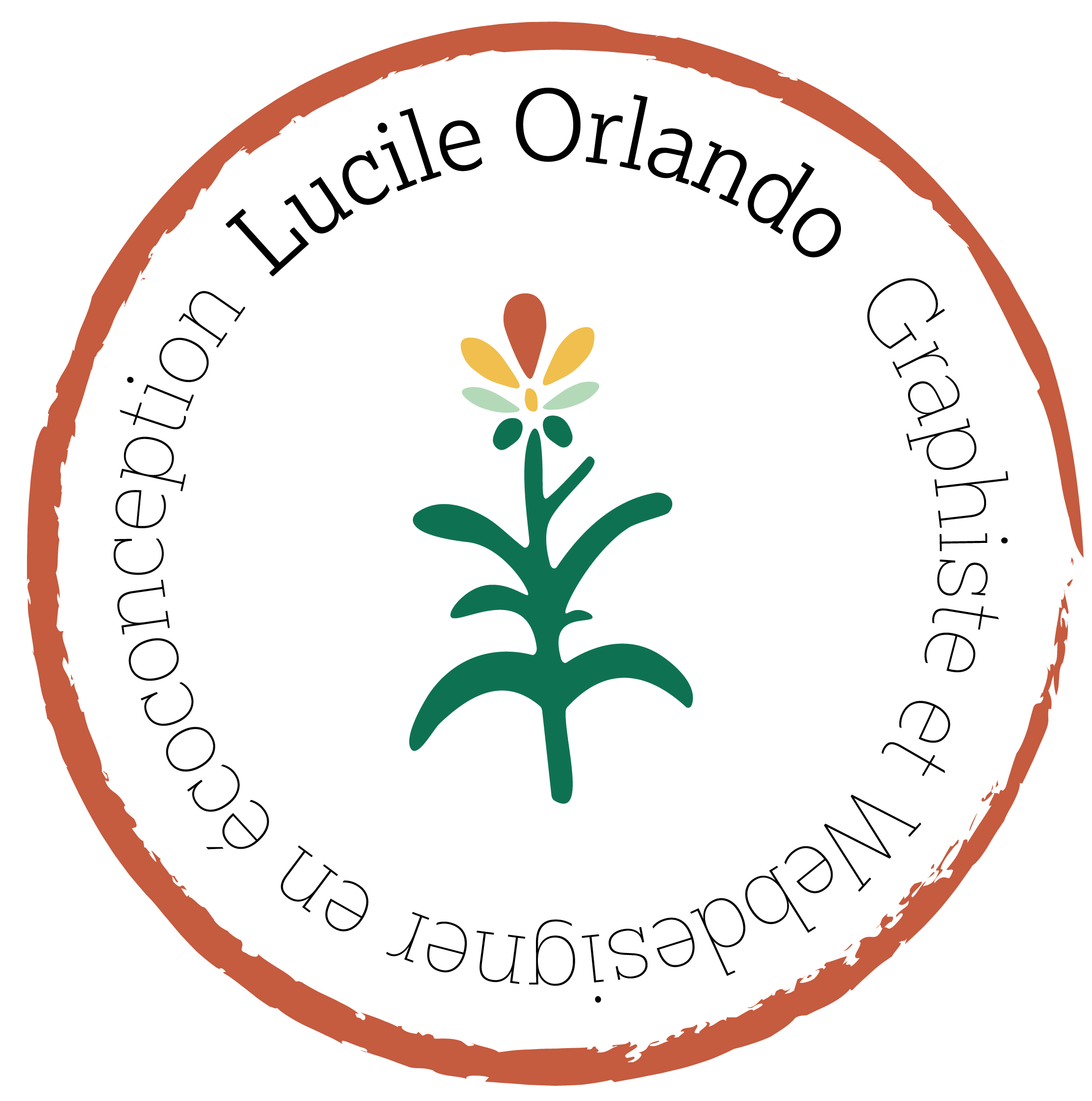 Cercle orange ayant à l'intérieur une fleur avec 7 pétales coloriées avec des couleurs éco-conçues ( orange, jaune et vert)